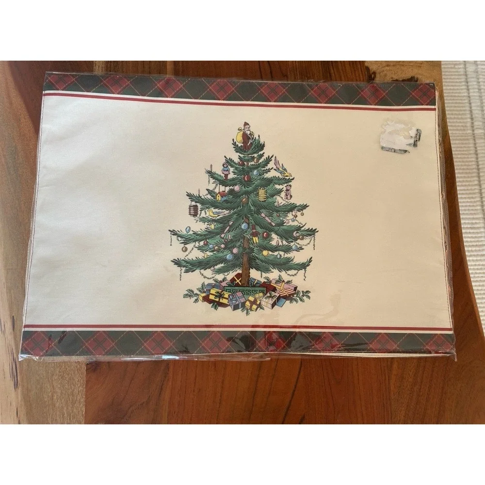 Spode Christmas Tree Tartan Plaid Trim Set Of 8 Placemats NWT 13 X 19